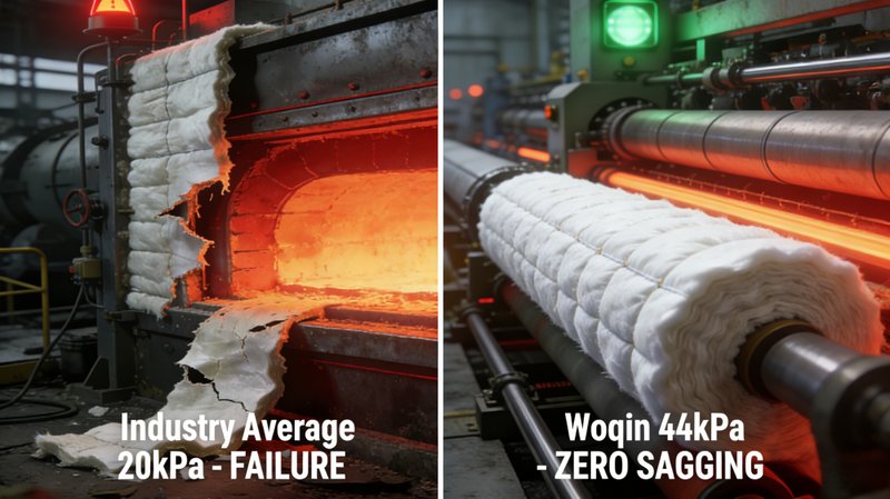 Comparison of Hebei Woqin high-tensile 44 kPa ceramic fiber blanket vs traditional 20 kPa insulation showing zero sagging at 800°C.