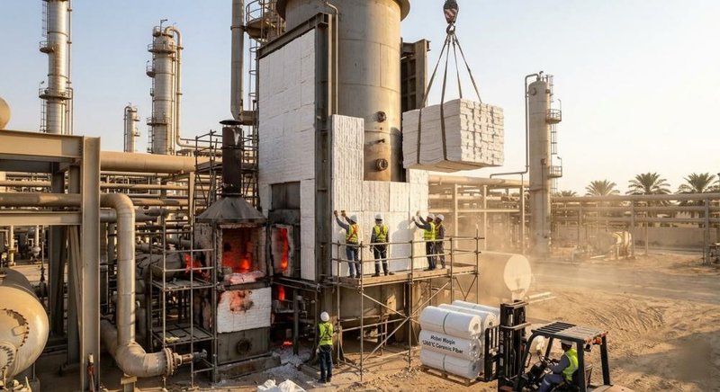 Hebei Woqin 1260°C High-Purity Ceramic Fiber modules being installed during a cracking furnace refractory reconstruction in a Middle East refinery.