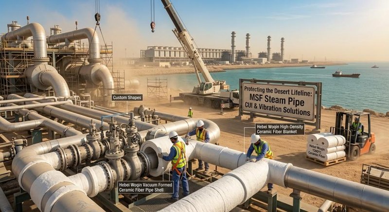 Hebei Woqin Vacuum Formed Ceramic Fiber Pipe Shells being installed on a high-pressure MSF steam network to prevent CUI and vibration pulverization in a Middle East desalination plant.