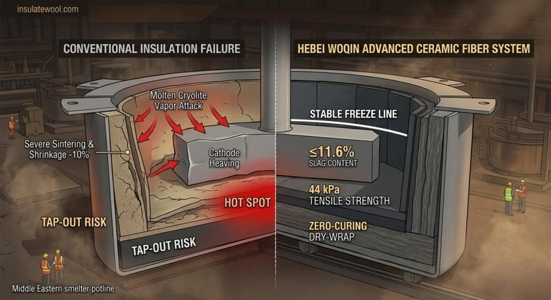 Technical cross-section of an aluminum electrolytic cell comparing conventional insulation failure with Hebei Woqin high-purity ceramic fiber system for 3,000-day potlife..jpg