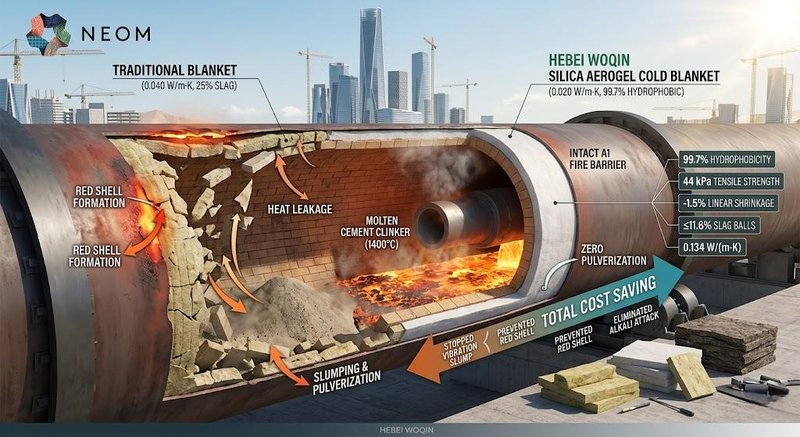 Cross-section of a cement rotary kiln showing Hebei Woqin high-tensile ceramic fiber blanket preventing red shell and vibration pulverization in a Saudi cement plant..jpg