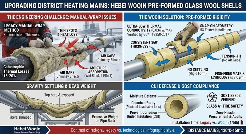 Detailed engineering infographic comparing legacy manual-wrap insulation with Hebei Woqin pre-formed glass wool shells for district heating. Showcasing 0.034 W/mK thermal conductivity, 5X faster Snap-On installation, and GOST 32302 compliance for CIS energy projects..jpg