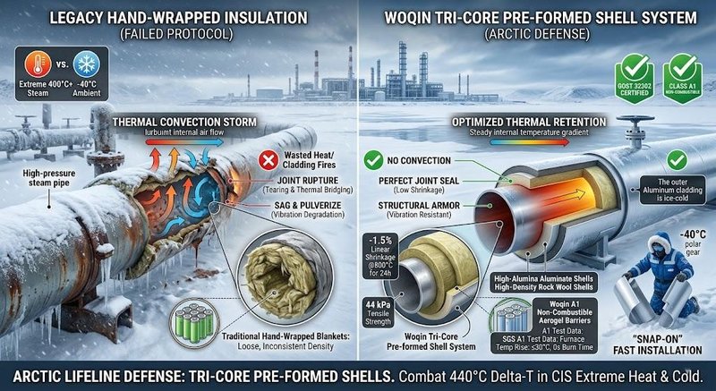 Engineering comparison of Arctic pipeline insulation under a 440°C Delta-T (400°C steam vs. -40°C ambient). The left shows legacy hand-wrapped blankets failing due to thermal convection and joint rupture. The right demonstrates Hebei Woqin's GOST-certified Tri-Core Pre-formed Shell System (High-Alumina, Rock Wool, Glass Wool) ensuring a perfect joint seal, structural armor against vibration, and an ice-cold outer cladding.