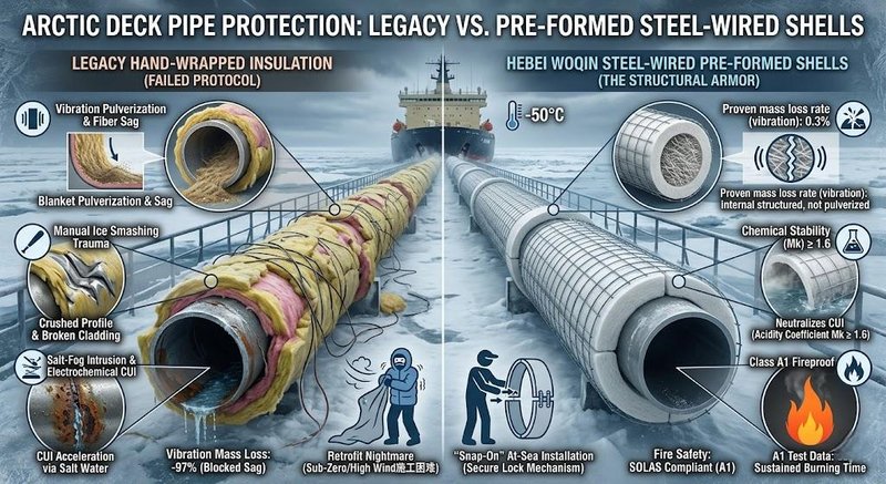 Engineering comparison of Arctic vessel deck piping insulation on the Northern Sea Route. The left shows legacy hand-wrapped blankets failing due to vibration pulverization, ice-smashing trauma, and salt-fog CUI. The right demonstrates Hebei Woqin's Steel-Wired Mineral Wool Pre-formed Shells acting as structural armor, neutralizing CUI (Mk ≥ 1.6), and ensuring Class A1 fire safety for IMO/SOLAS compliance.