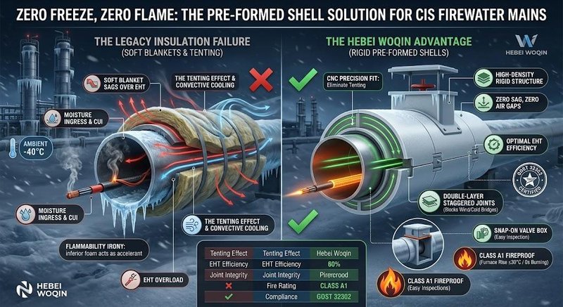 Engineering cutaway infographic comparison showing the space-saving magic of Woqin A1 Fire-Resistant Rock Wool Pre-formed Shells on an Arctic firewater pipeline in a -40°C blizzard. It demonstrates how replacing thick legacy PUR foam (100mm+) with ultra-thin VIPs (15mm-20mm) reclaims 20% internal payload volume, locking in -20°C with 0.002 W/mK conductivity and achieving Class A1 fire safety.