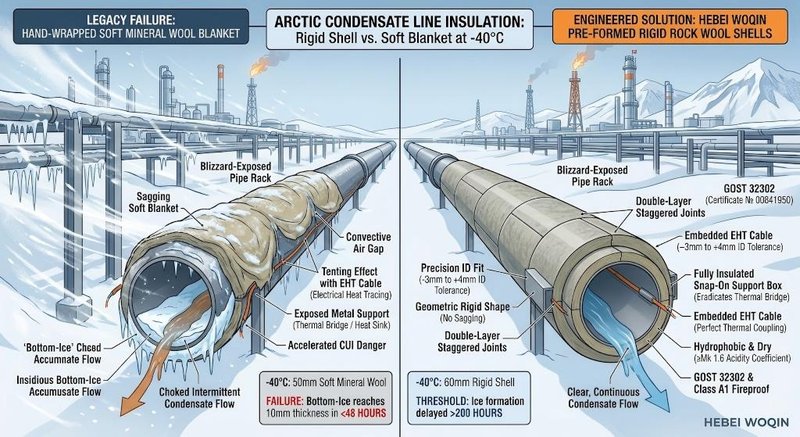 Comparison of failing soft mineral wool and Hebei Woqin GOST-certified pre-formed rock wool shells preventing bottom-ice and CUI in -40°C Arctic condensate lines.