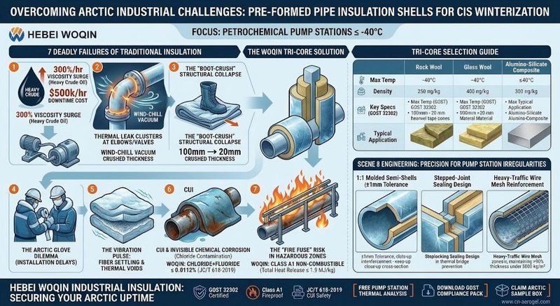 Technical infographic illustrating the 7 failures of traditional pipe insulation in -40°C Arctic conditions and Hebei Woqin's GOST-certified pre-formed tri-core shell solutions for CIS pump station winterization.