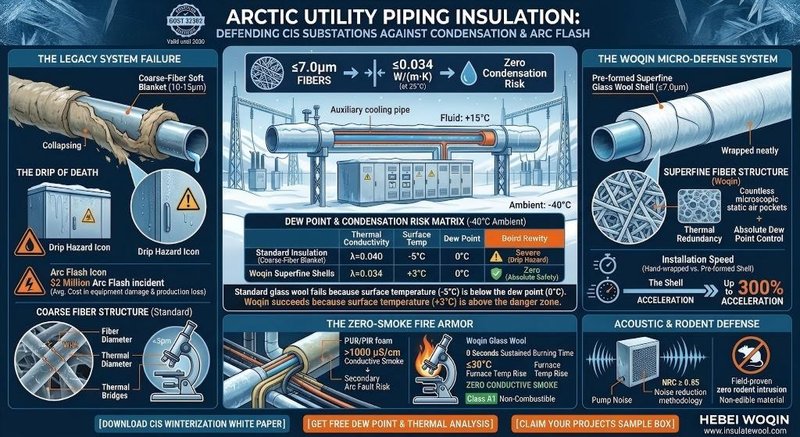 Technical infographic comparing standard insulation with Woqin's GOST-certified superfine glass wool shells for CIS substation utility piping, highlighting dew point control to prevent arc flash and Class A1 zero-smoke fire safety.