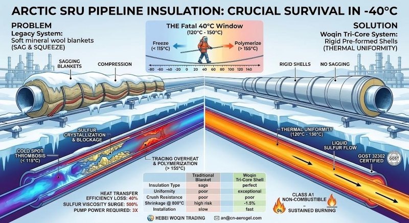 Infographic comparing traditional sagging soft blankets causing liquid sulfur freezing vs. Hebei Woqin's rigid Tri-Core pre-formed shells maintaining absolute thermal uniformity in -40°C Arctic SRU pipelines.
