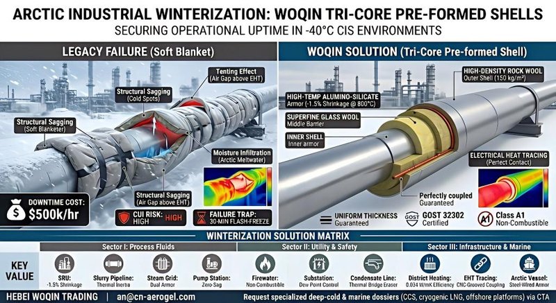 Infographic for the Ultimate -40°C CIS Winterization Guide, comparing legacy soft blanket failures like sagging and CUI against Hebei Woqin's Tri-Core pre-formed shells. The solution prevents $500,000/hr downtime across 10 critical industrial scenarios including process fluids, utility safety, and marine infrastructure.