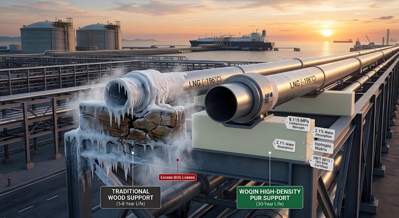 Side-by-side comparison of a failing, ice-covered wooden pipe shoe versus a durable Woqin 8.115 MPa high-density PUR cryogenic pipe support for LNG pipelines, highlighting zero freeze-thaw damage and BOG mitigation.