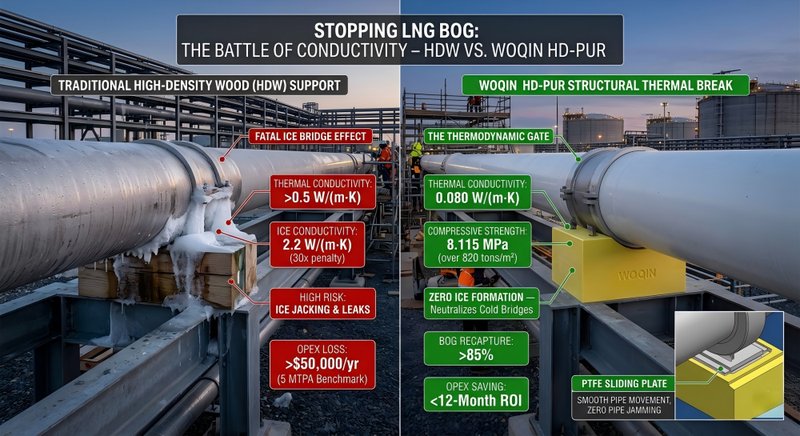 Side-by-side engineering comparison of LNG pipe supports: traditional frozen high-density wood causing the fatal ice bridge effect vs. Woqin 8.115 MPa HD-PUR structural thermal break delivering 0.080 W/(m·K) conductivity, zero pipe jamming with PTFE plates, and massive BOG reduction.