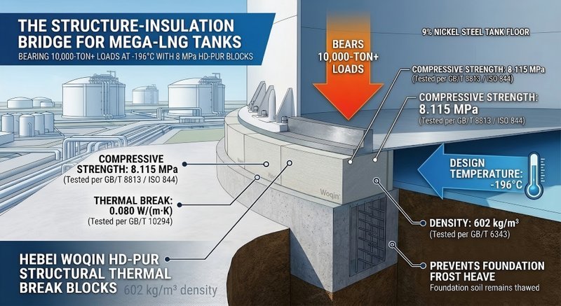 3D cross-section diagram of an LNG storage tank foundation ring beam, showing Hebei Woqin's 602 kg/m3 HD-PUR structural thermal break bearing 10,000-ton loads and preventing frost heave at -196°C.