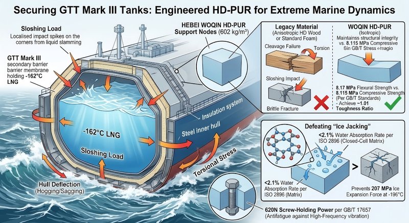 Diagram of GTT Mark III LNG carrier containment under sloshing loads, showing how Woqin isotropic HD-PUR (8.17 MPa flexural strength) prevents brittle fracture and ice jacking compared to legacy anisotropic wood.