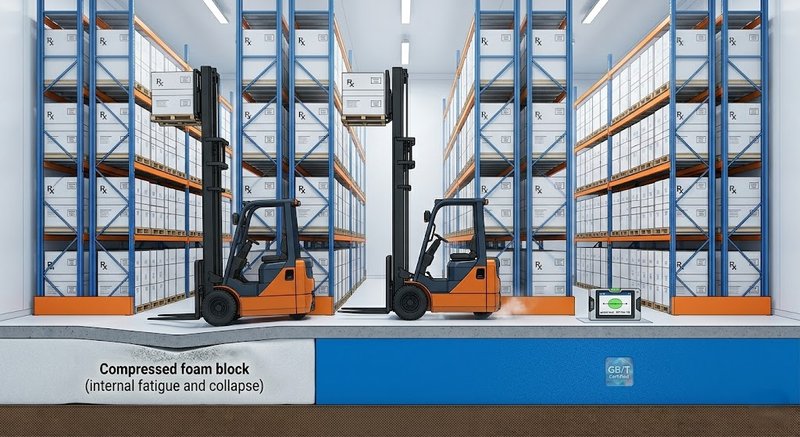 3D engineering diagram comparing VNA forklift dynamic mast sway caused by standard XPS compression versus a stable, zero-deflection TR34 DM1 floor supported by Hebei Woqin 8.115 MPa HD-PUR in a pharmaceutical cold storage facility.